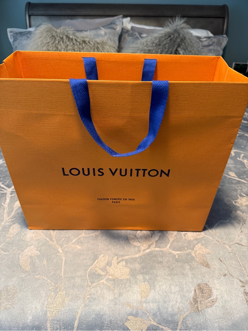 Louis Vuitton Orange Empty Gift Bag with Blue Ribbon Handles